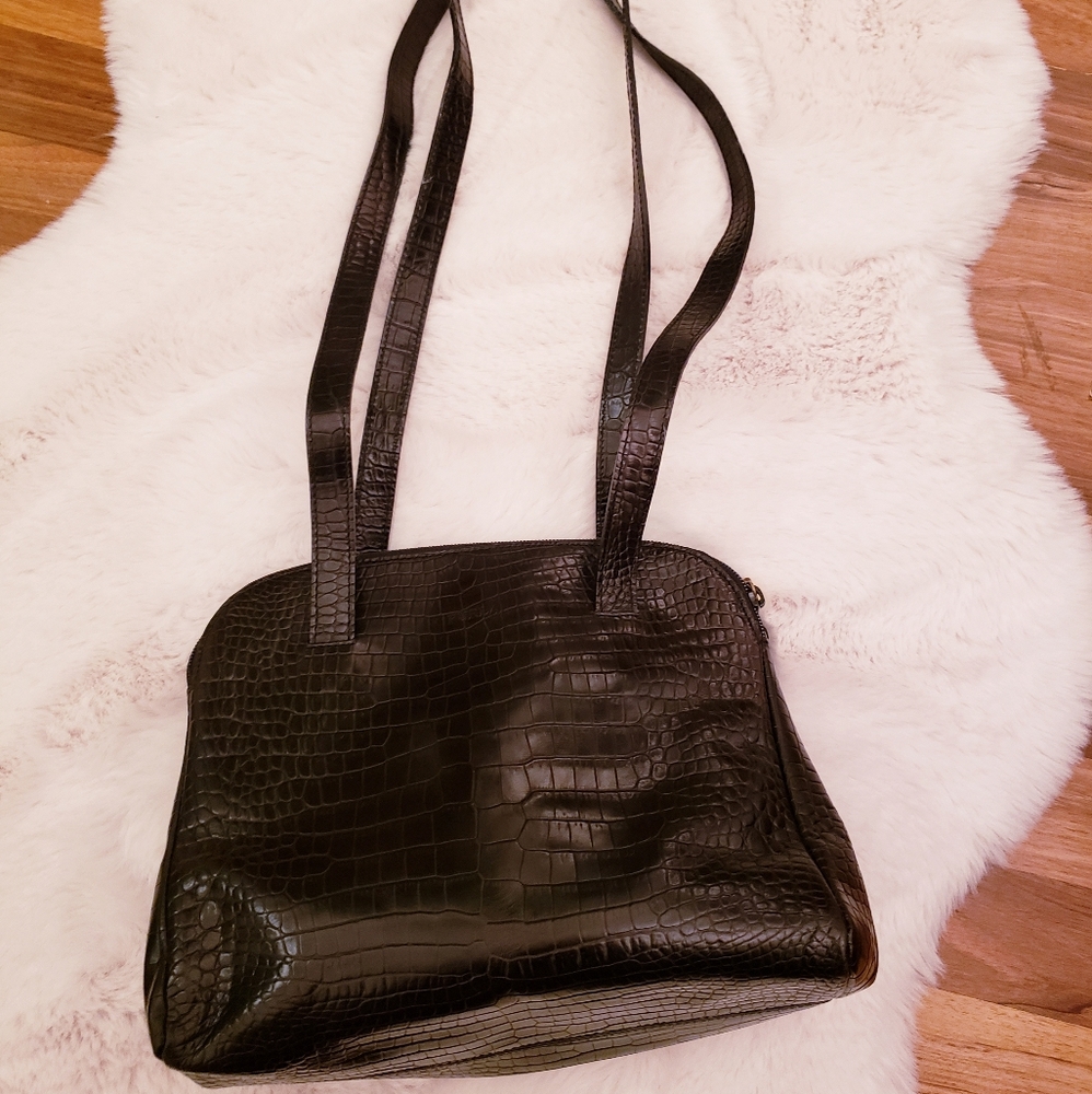 Furla black leather croc embossed shoulder bag.